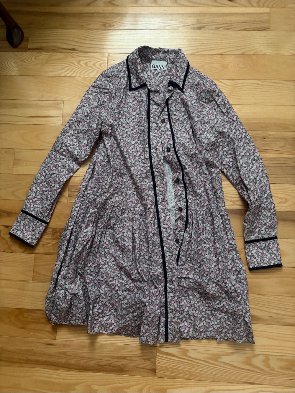 Ganni Pink Floral Button-Front Longline Shirt Jacket with Black Piping sz 32